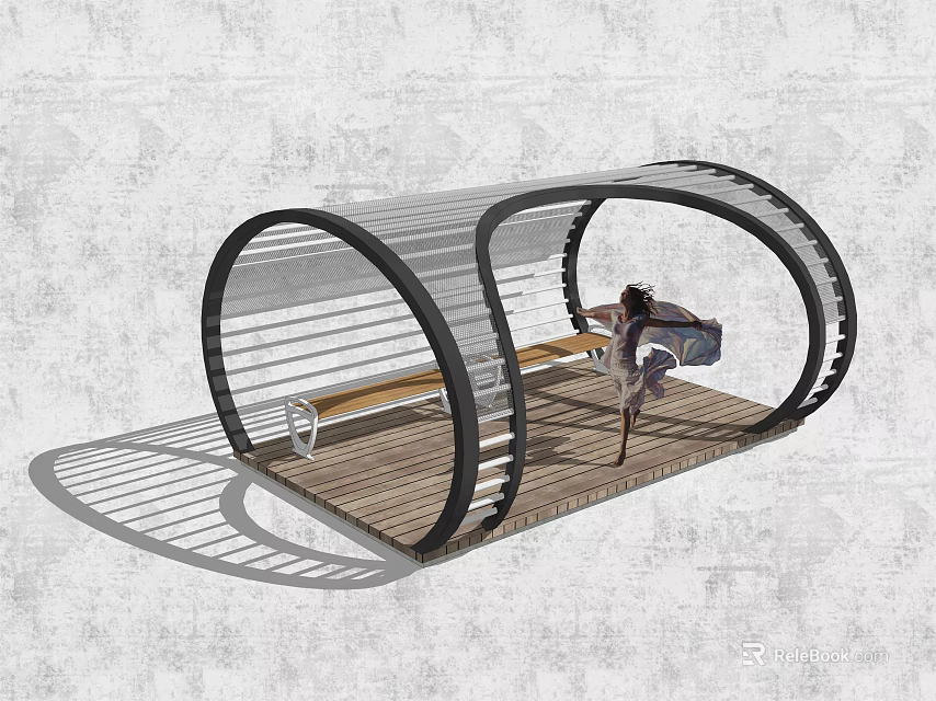 Modern Curved Pergola with Wooden Floor Bench Metal Frame and Decorative Figure 3d model 