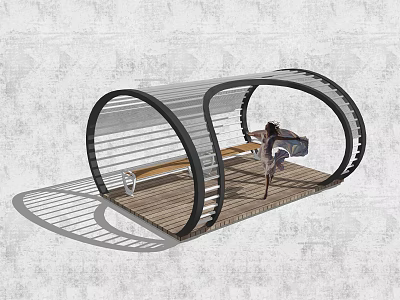Modern Curved Pergola with Wooden Floor Bench Metal Frame and Decorative Figure 3d model