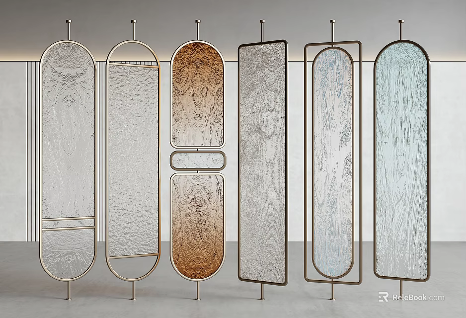 Modern Decorative Room Dividers With Various Shapes Metal Frames And Textured Panels 3d model 