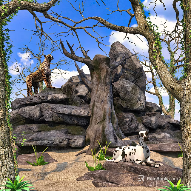 Reptiles In Natural Habitat With Rocks Trees And Blue Sky Surroundings 3d model 