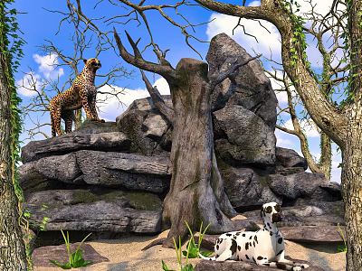 Reptiles In Natural Habitat With Rocks Trees And Blue Sky Surroundings 3d model