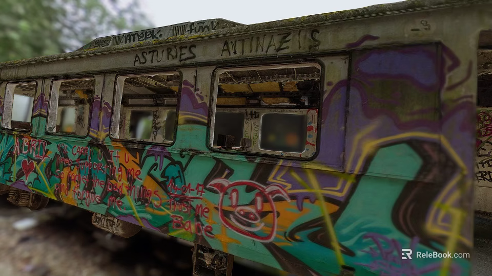Abandoned Bus Covered With Colorful Graffiti Art On Old Worn Exterior 3d model 