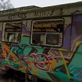 Abandoned Bus Covered With Colorful Graffiti Art On Old Worn Exterior