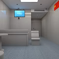 Public Restroom Interior With Multiple Stalls Blue Walls And Gray Doors