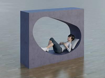 Woman Relaxing In Gray Cube Structure With Oval Hole On Wooden Floor 3d model