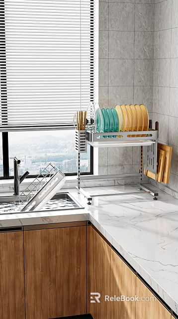 Modern Stainless Steel Bathroom Cabinet Rack With Multi-tier Storage And Marble Countertop Organization 3d model 