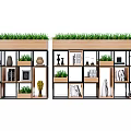Double Bookcases With Green Grass Top Wooden Metal Frame Shelves Holding Books Vases Plants Frames