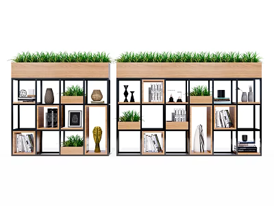 Double Bookcases With Green Grass Top Wooden Metal Frame Shelves Holding Books Vases Plants Frames 3d model