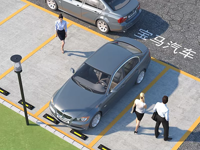 Urban Parking Lot With Parked Cars Pedestrians Yellow Parking Lines And Street Lamp 3d model