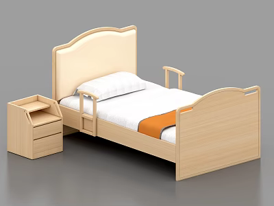 Single Bed With Wooden Frame Light Colored Headboard And Nightstand White Pillow Orange Blanket 3d model