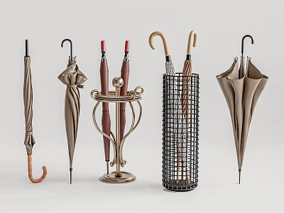 Stylish Metal Umbrella Stands With Various Brown Umbrellas For Home Decoration 3d model