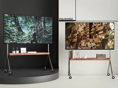 Modern TV On Wooden Mobile Stand With Decorative Accessories And Stylish Design 3d model
