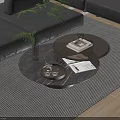 Elegant Round Coffee Table In Living Room With Magazines Tray Glasses And Plant