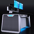 Modern Office Desk With Dual Monitors Blue Digital Screens And Blue LED Lighting