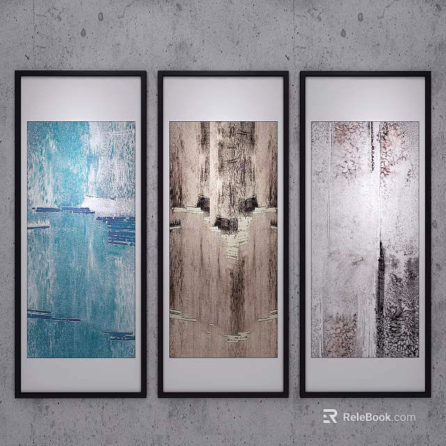 Three Panel Abstract Paintings With Modern Decor And Colorful Textures 3d model 