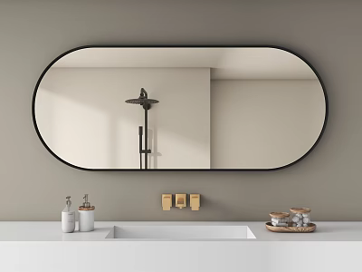 Oval Bathroom Mirror Above White Sink With Toiletries 3d model