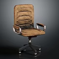 Vintage Brown Leather Office Chair With Swivel Metal Base And Padded Armrests
