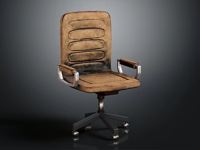 Vintage Brown Leather Office Chair With Swivel Metal Base And Padded Armrests 3d model