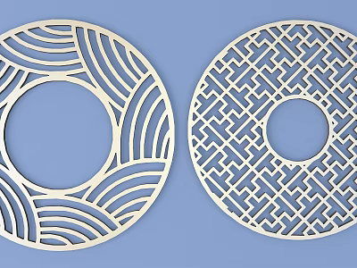 Two Circular Carved Lattice Windows With Wave Patterns And Geometric Designs 3d model
