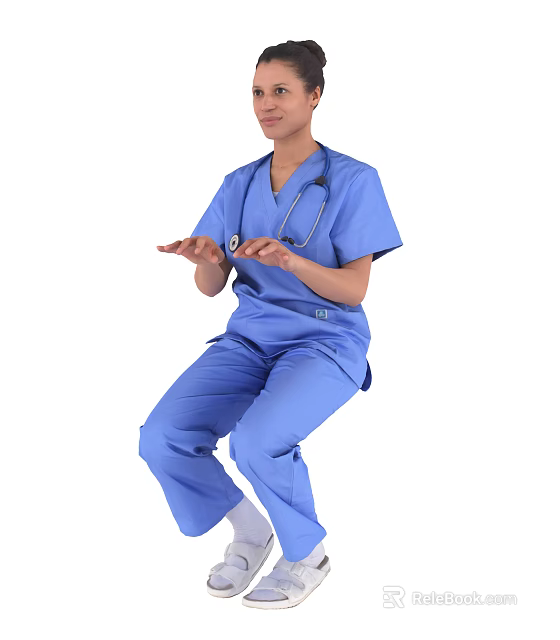 A Woman Sitting in Blue Medical Scrubs Wearing Stethoscope as Healthcare Professional 3d model 