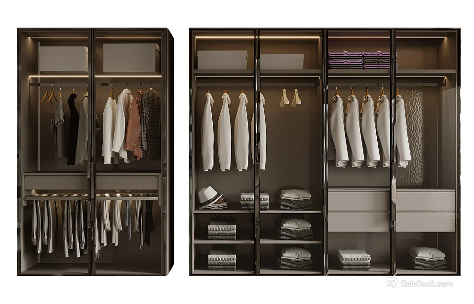 Modern Wardrobe Interior Design With Hanging Clothes Folded Items And Storage Shelves 3d model