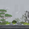 Indoor Landscape With Green Pine Tree Decorative Rocks And White Textured Wall