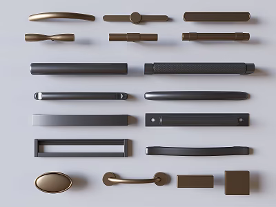Various Furniture Cabinet Handles With Different Designs Shapes And Colors 3d model