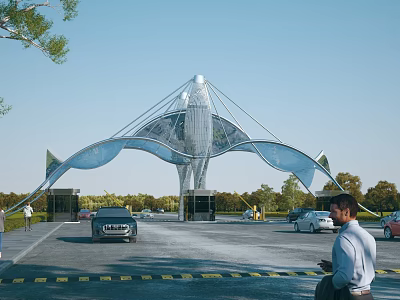 Modern Streamlined Metal Entrance Gate with Vehicles in Parking Lot Near Trees Under Blue Sky 3d model