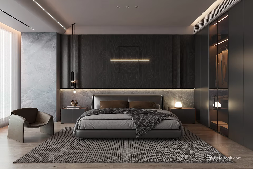 Modern Bedroom Interior Design With Dark Wall Paneling King Size Bed Nightstands And Area Rug 3d model 