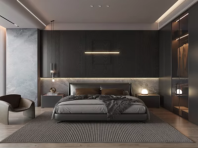 Modern Bedroom Interior Design With Dark Wall Paneling King Size Bed Nightstands And Area Rug 3d model