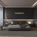 Modern Bedroom Interior Design With Dark Wall Paneling King Size Bed Nightstands And Area Rug