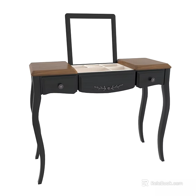 Vintage Black Dressing Table With Wooden Top Drawers And Mirror 3d model 