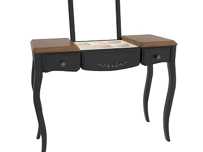 Vintage Black Dressing Table With Wooden Top Drawers And Mirror 3d model