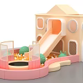 Kids Playground With Playhouse Slide Colorful Balls Green Decorations And Safety Fence