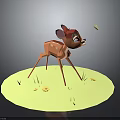 Cute Orange Fawn With White Spots Near Flying Butterfly On Green Platform With Yellow Flowers