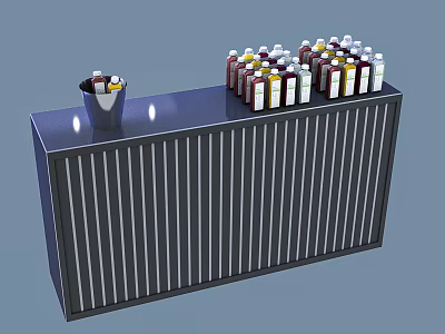Dark Striped Display Shelf With Bottled Items And Metal Bucket On Top 3d model