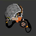 Polyhedral Shaped Household Item With Orange Base Wheels And Connecting Cables