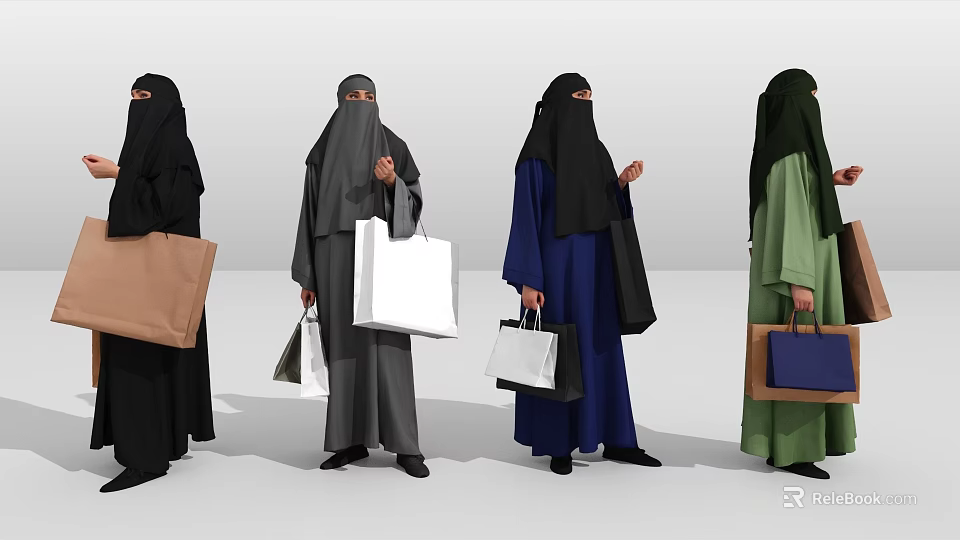Women Wearing Various Colored Abayas Holding Shopping Bags Standing in a Row 3d model 