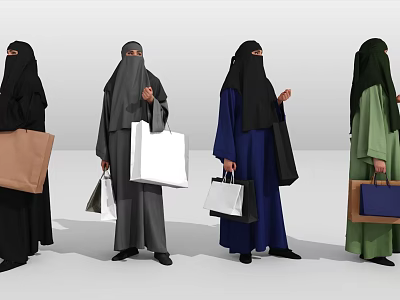 Women Wearing Various Colored Abayas Holding Shopping Bags Standing in a Row 3d model