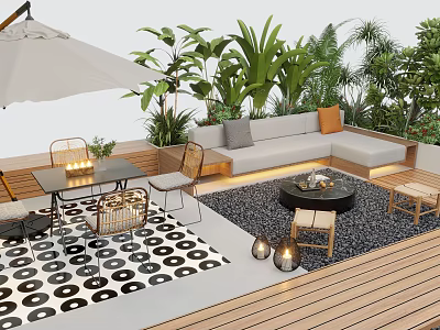 Modern Patio Garden With L-Shaped Sofa Dining Table Green Plants And Black White Patterned Rug 3d model