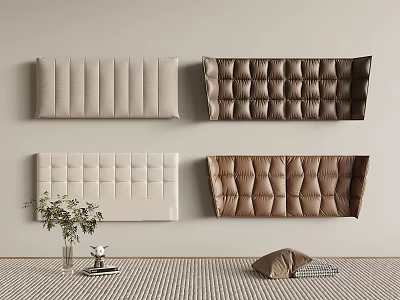 Upholstered Headboards In Neutral Tones With Various Patterns And Bedroom Decor Elements Like Vase Books Pillow 3d model