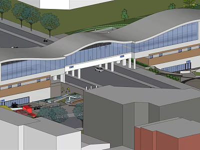 Modern Public Building Design With Curved Roof Glass Facade Surrounding Road Greenery And Vehicles 3d model