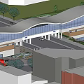 Modern Public Building Design With Curved Roof Glass Facade Surrounding Road Greenery And Vehicles