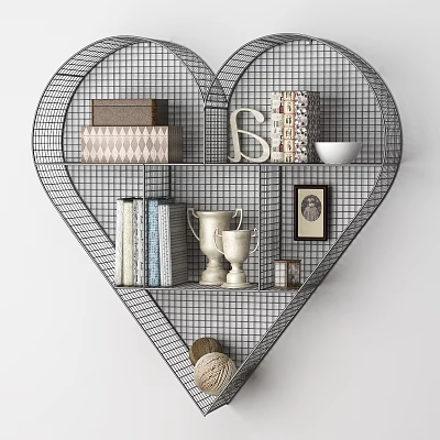Heart Shaped Metal Wire Grid Wall Cabinet Featuring Books Cups and Decorative Items 3d model
