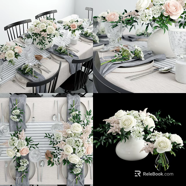 Elegant Dinnerware Set For Table Setting With White Pink Flowers Striped Cloth And Black Chairs 3d model 
