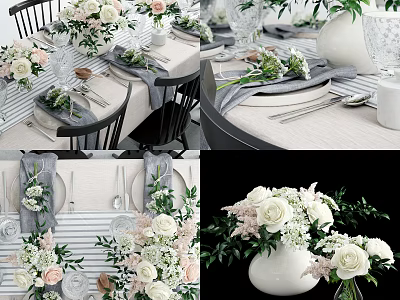 Elegant Dinnerware Set For Table Setting With White Pink Flowers Striped Cloth And Black Chairs 3d model