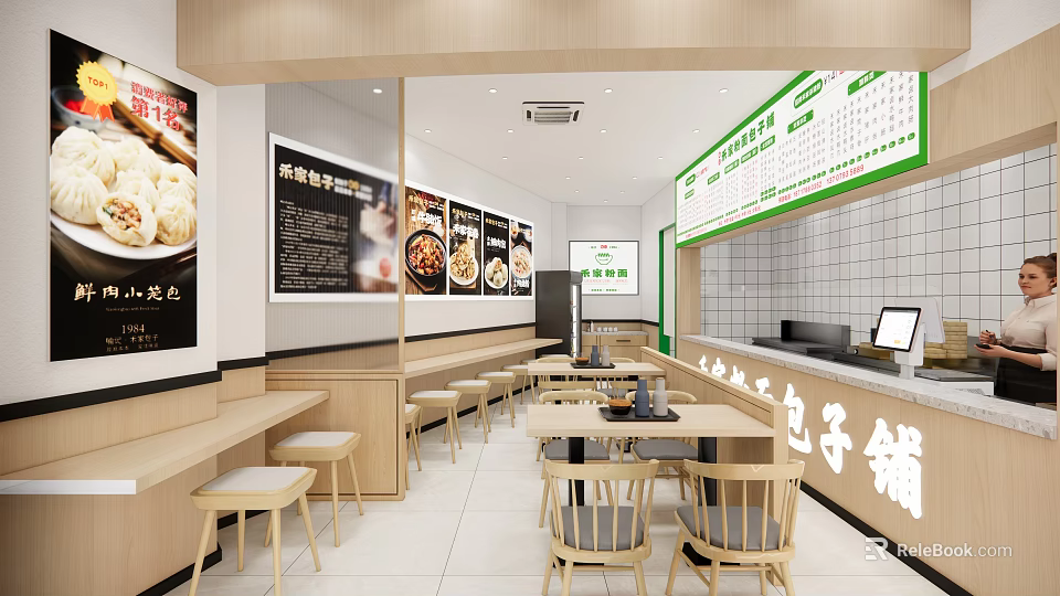 Bright Modern Baozi Shop Interior With Wooden Tables Chairs And Menu Board 3d model 