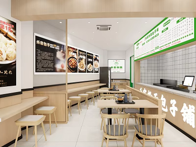 Bright Modern Baozi Shop Interior With Wooden Tables Chairs And Menu Board 3d model