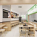 Bright Modern Baozi Shop Interior With Wooden Tables Chairs And Menu Board