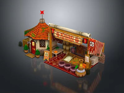 Rustic Fresh Fruits Market Stall With Assorted Colorful Display And Wooden Barrels 3d model